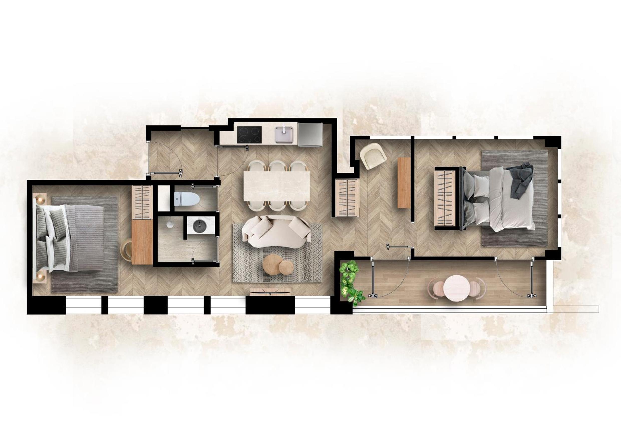 Two-Bedroom Apartment with Balcony and Terrace