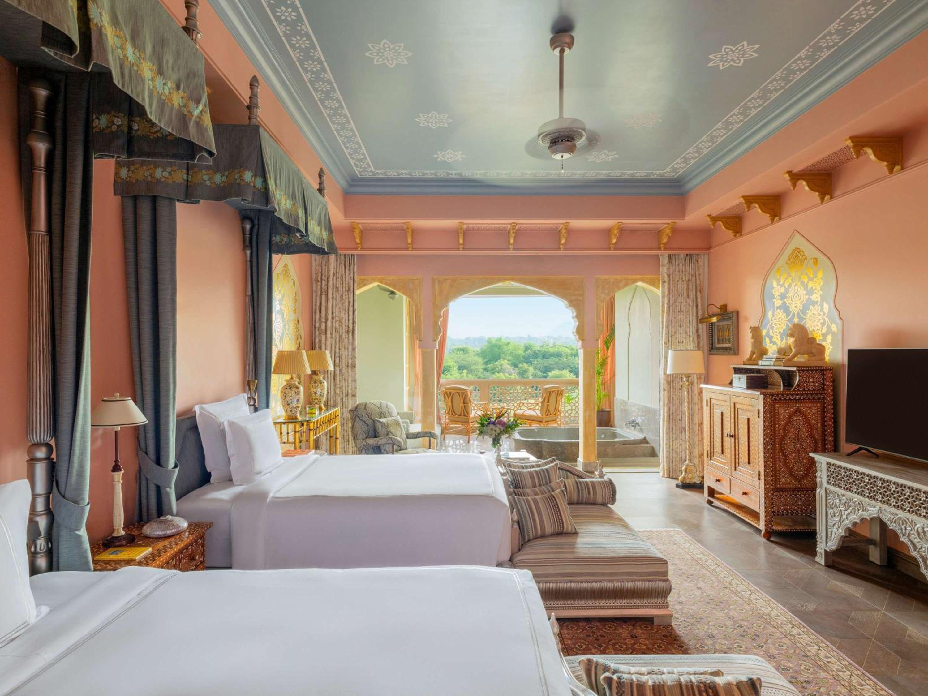Princess One King Bedroom Suite with Pool: Airport Transfers in luxury vehicle, INR 5000 hotel credit once during the stay. One 60-minute spa therapy for couple. Evening Hi-Tea / Sundowner with Bartender for 1 hour, Butler & 30% off on Property Services