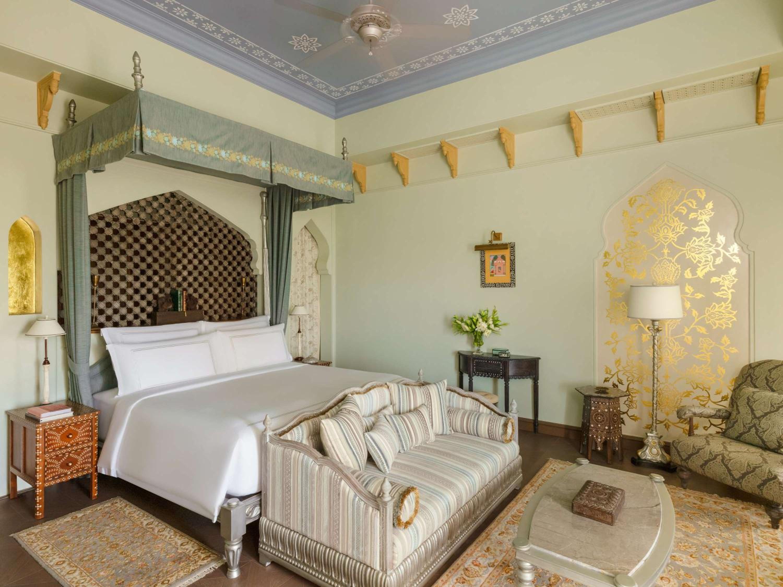 Rajmata Two-Bedroom Presidential Suite with Pool: Airport Transfers in luxury vehicle, 01 Bottle of champagne, INR 5000 hotel credit once during the stay. One 60-minute spa therapy for couple, Evening Hi-Tea at Safir/ Sundowner session with Bartender for