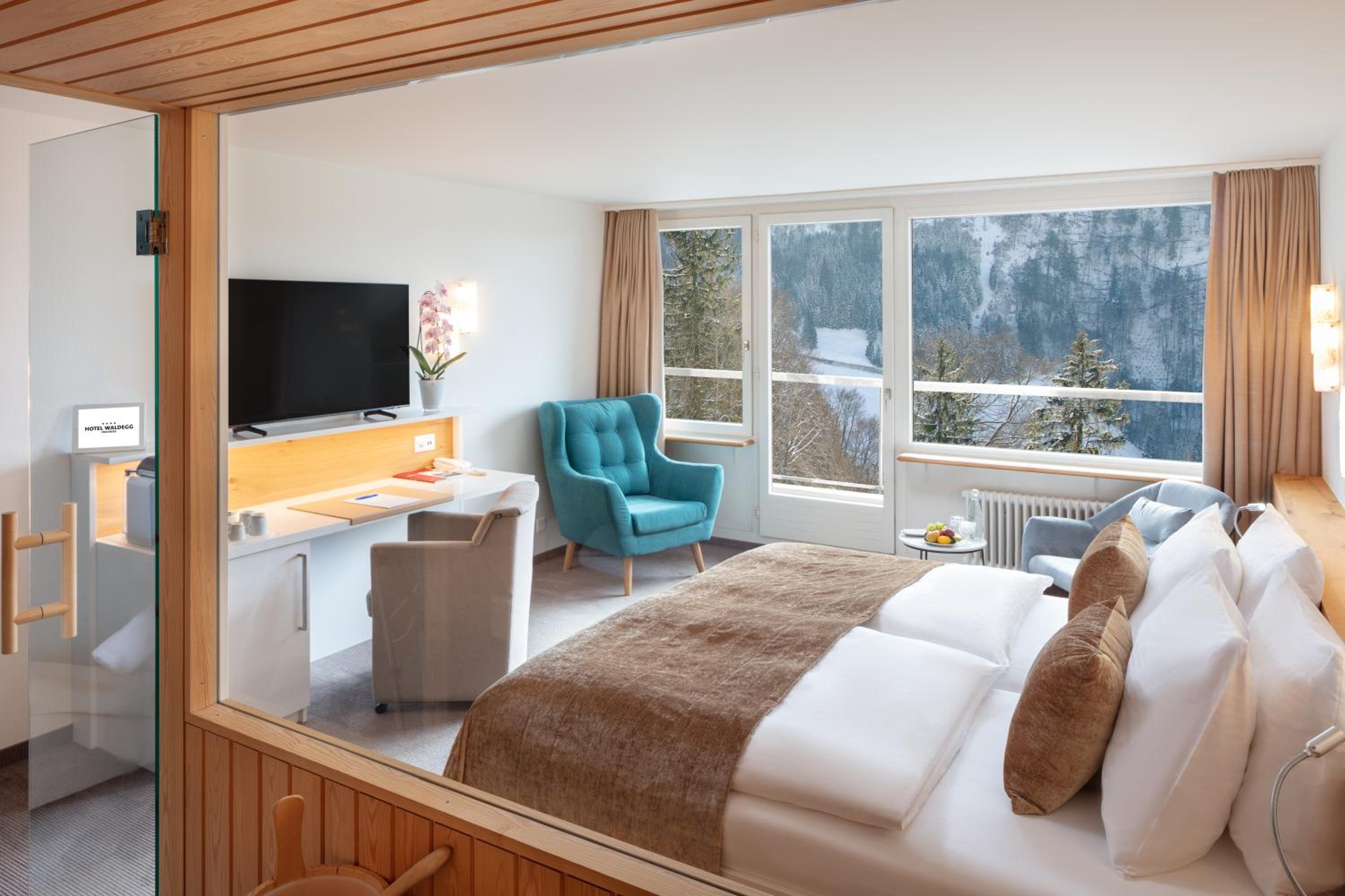 hotel room with a view of the snowy mountains?