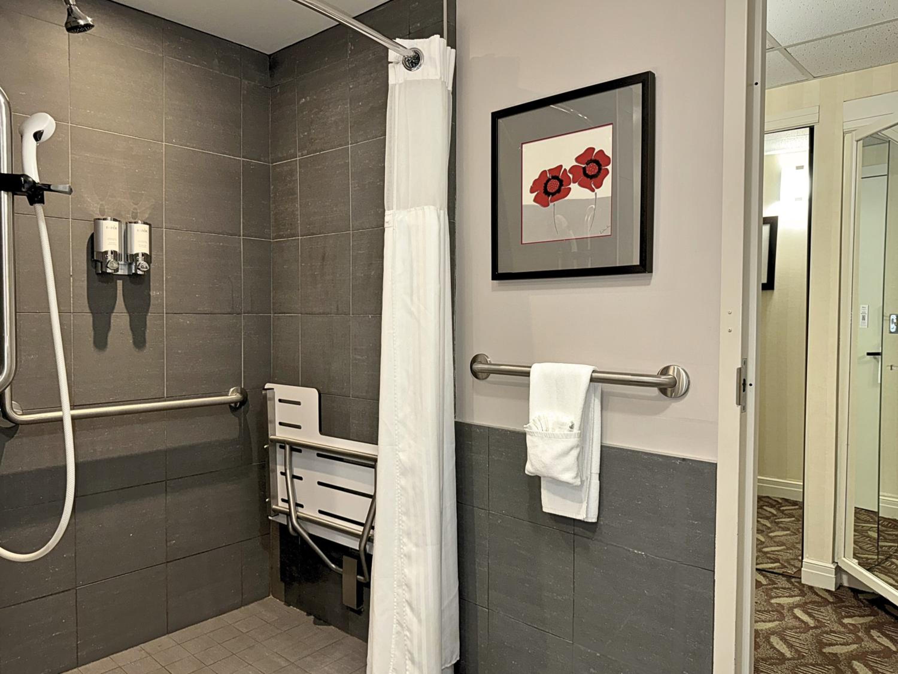 bathroom with a shower, toilet, and hand rail