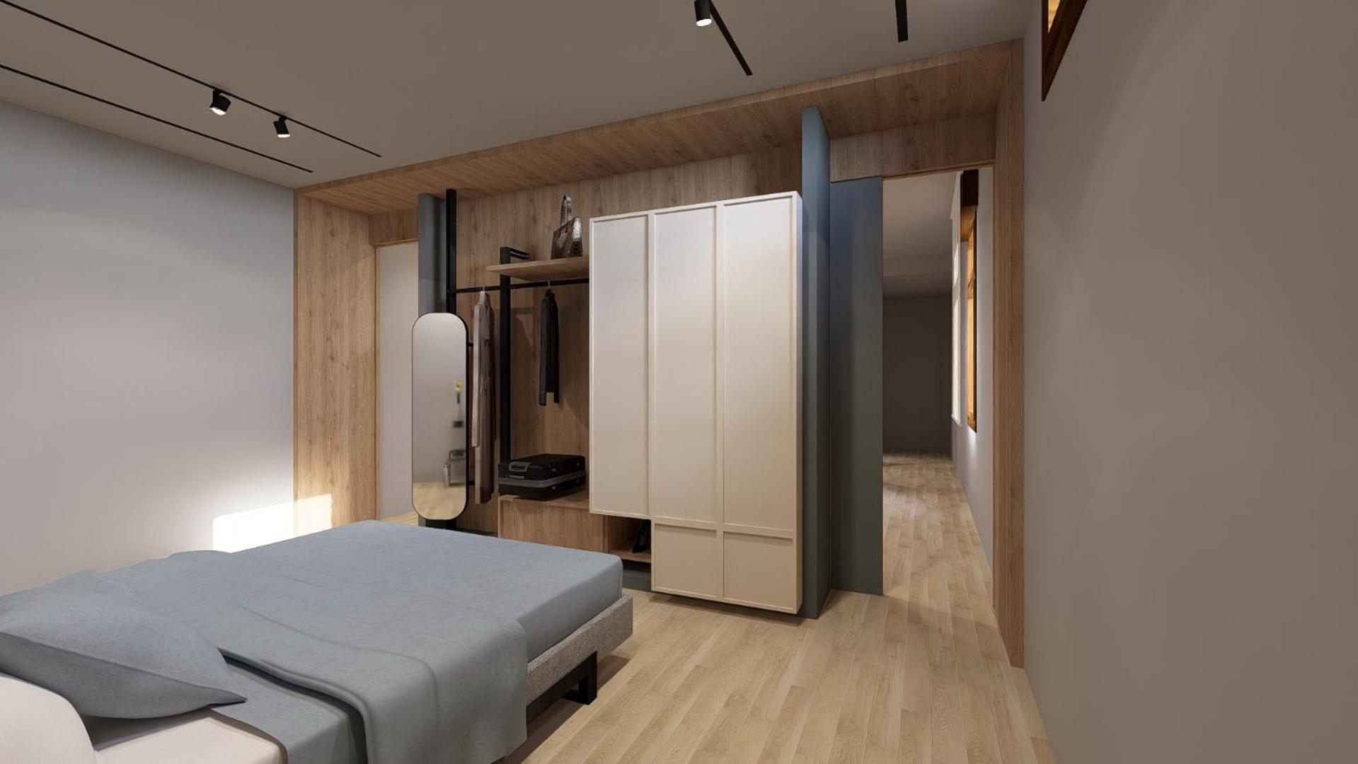 Rendered modern bedroom with wood-paneled wardrobe area and gray-blue bed