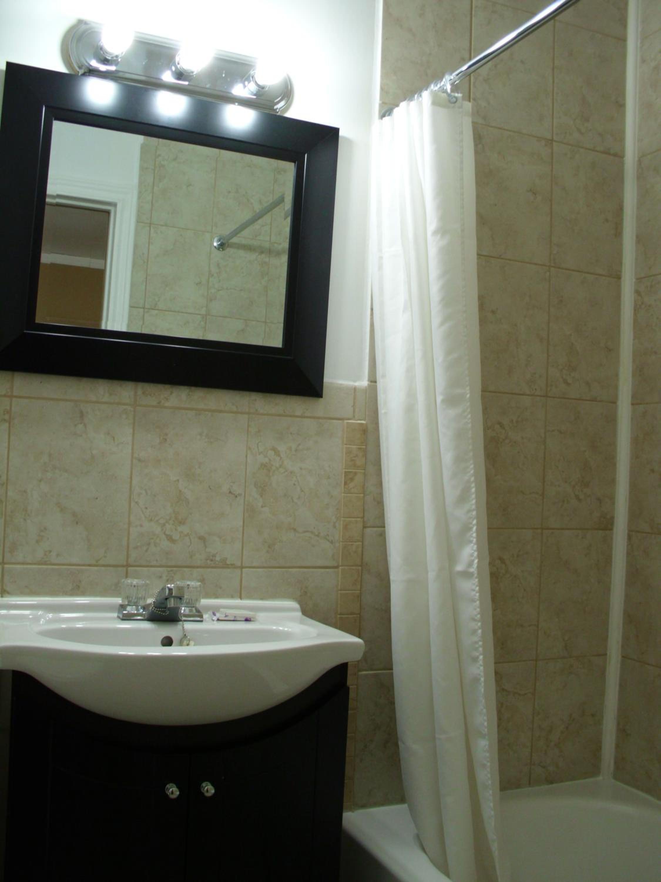bathroom with a sink, mirror, and shower curtain