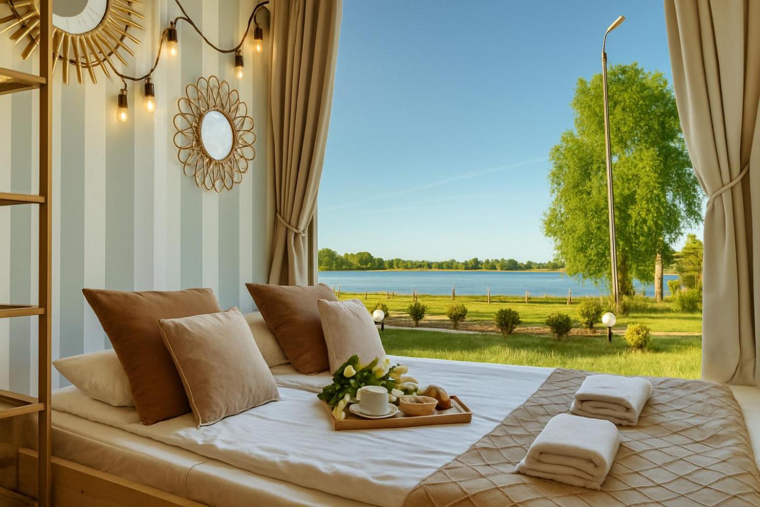 Cottage with bed by the window and lake view