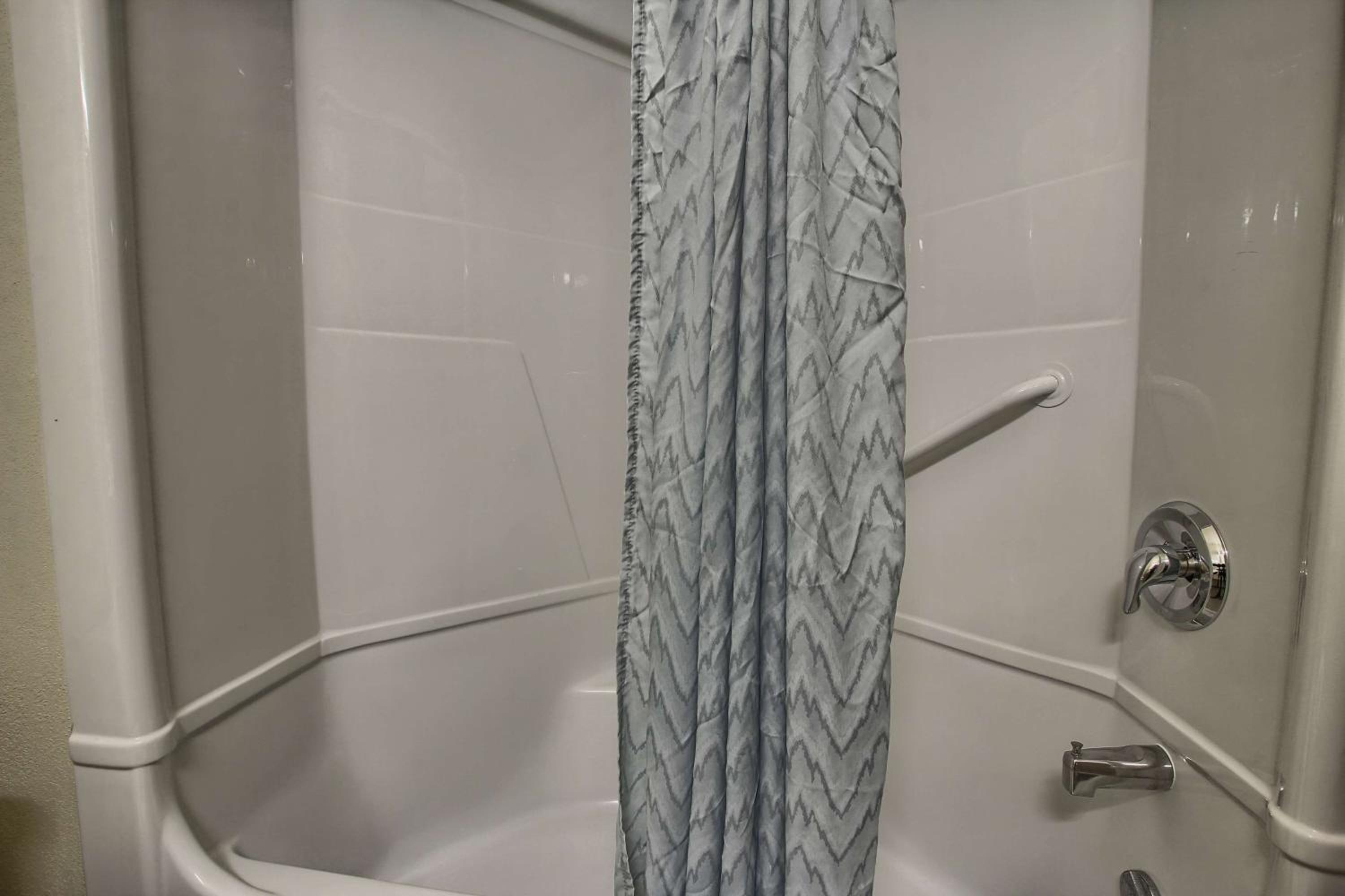 shower curtain hanging in the corner of the bathtub