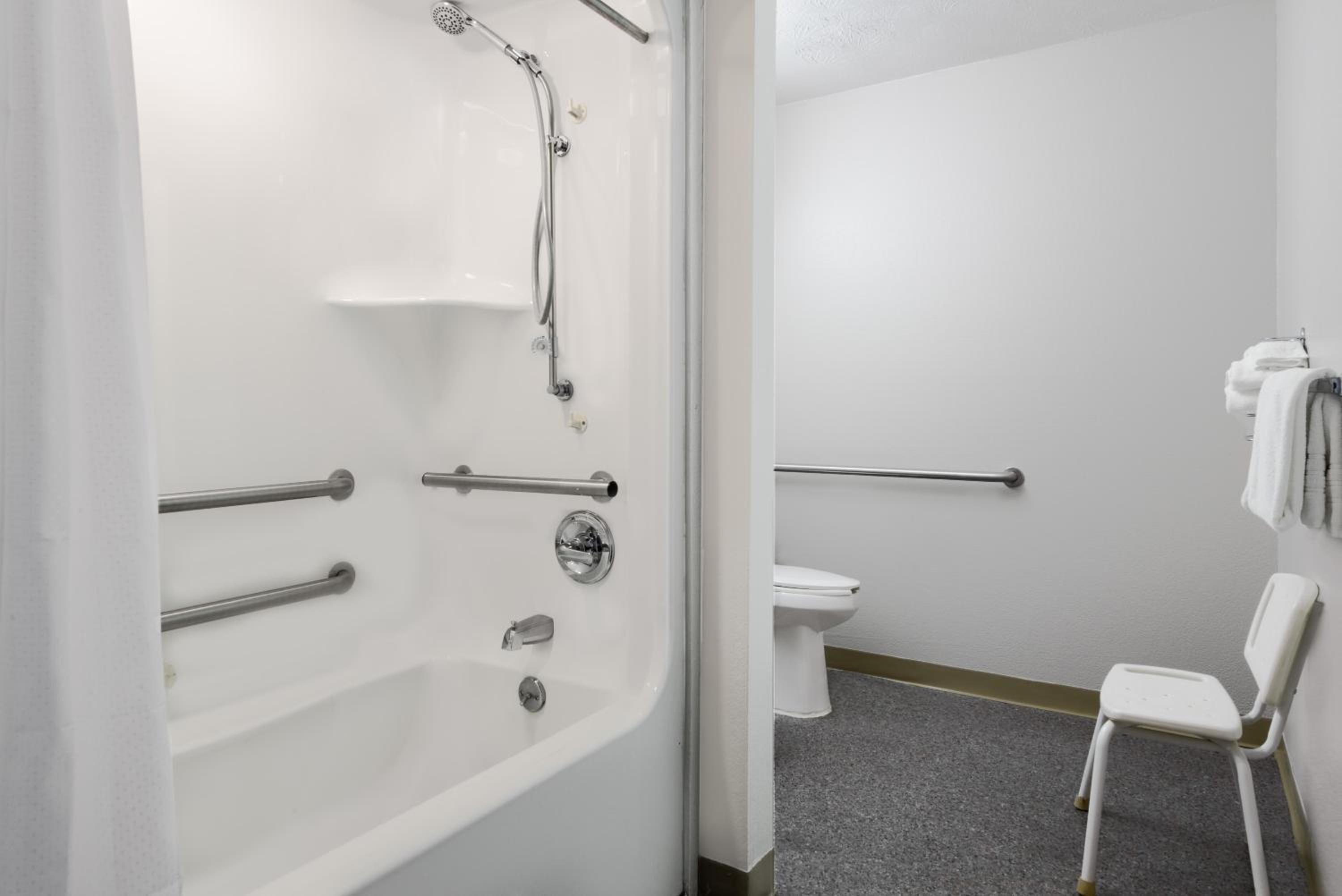 bathroom with a shower, toilet, and bathtub