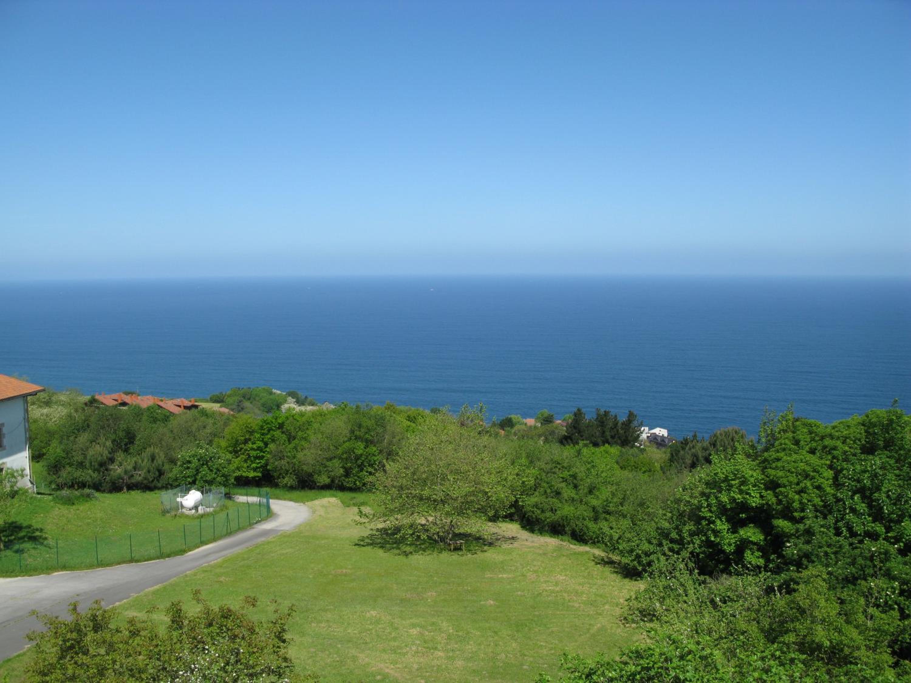 Elevated view of the ocean with green trees and a grassy area in the foreground.