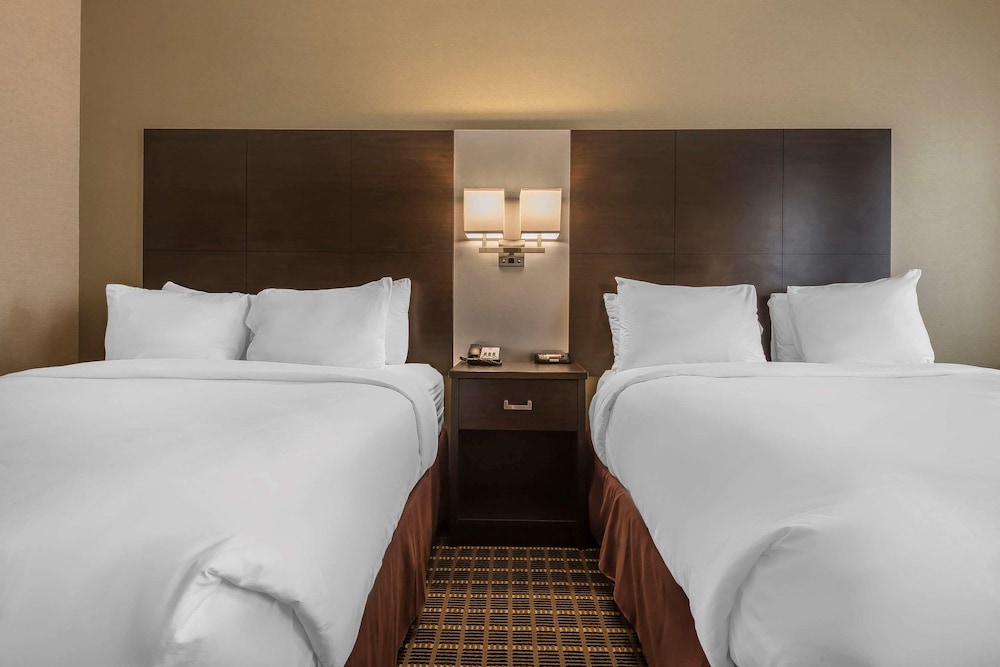 hotel room with two twin beds and a night stand