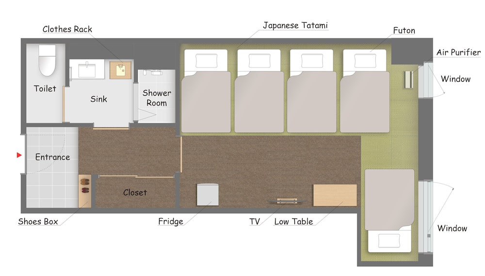 Japanese-Style Room for 5 with Private Shower room, Non Smoking (Futons)