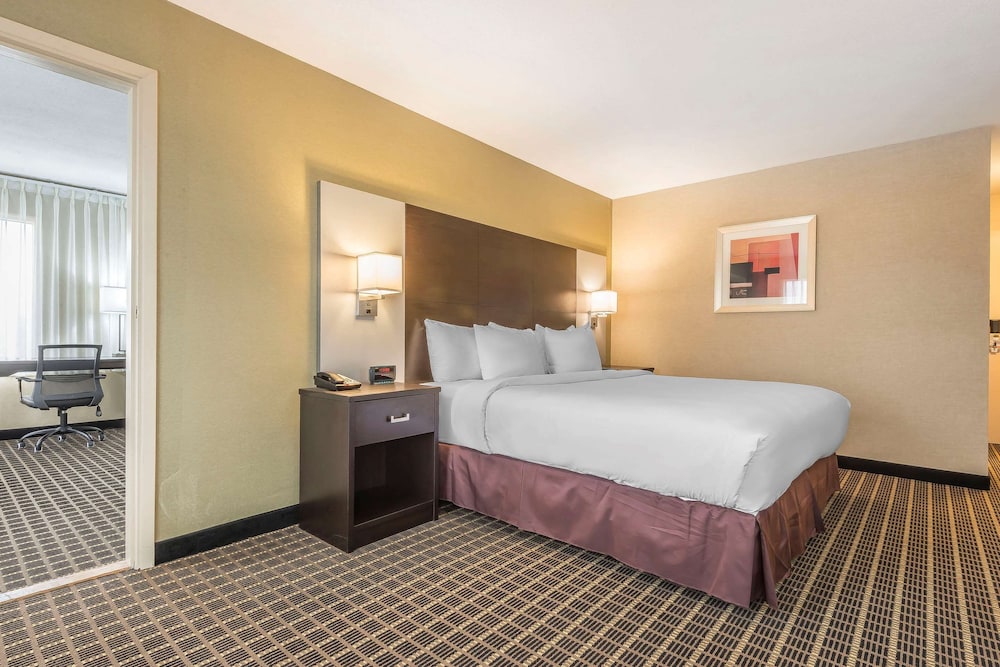 hotel room with a bed, desk, and chair