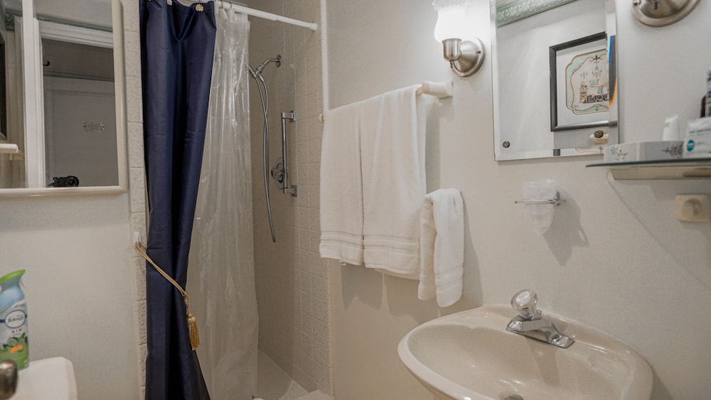 Hotel bathroom with sink, shower, and towels