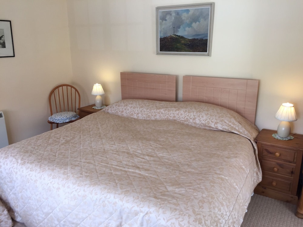 photo of a bedroom with a bed and two night stands