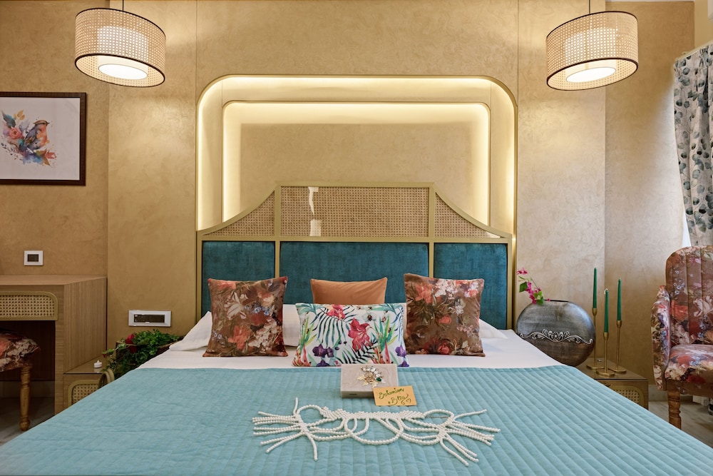 Bohemian Theme Room with Artistic Rattan decor & Designer Washroom