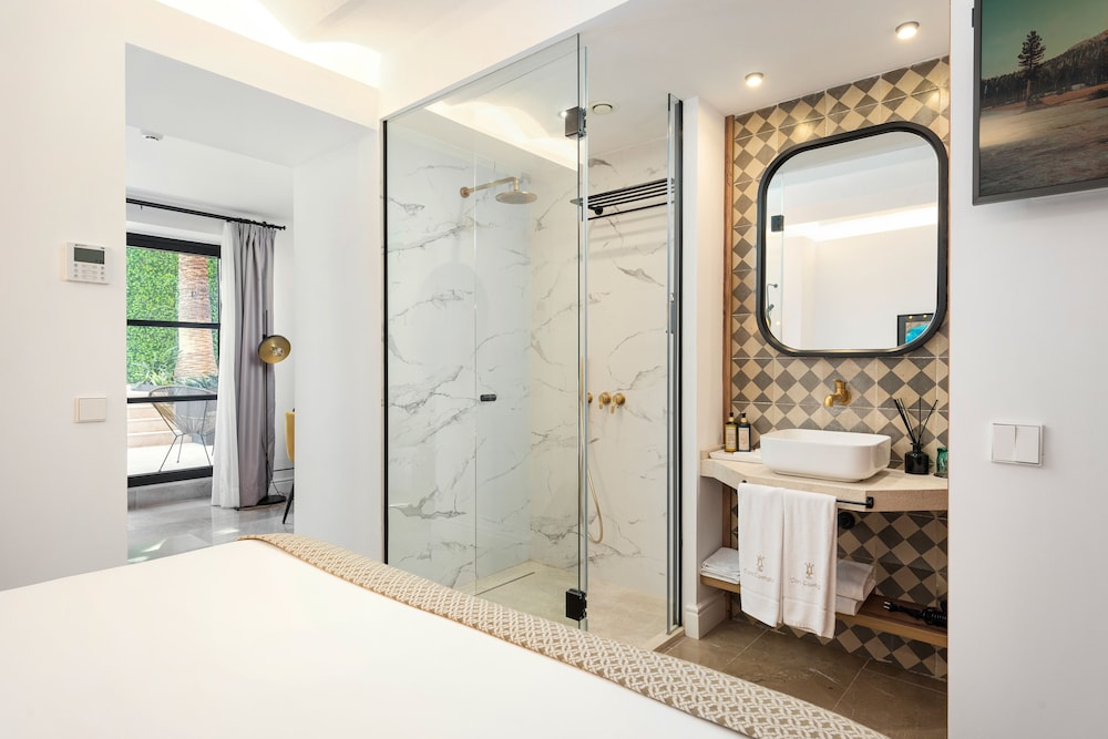 bathroom with a walk - in shower and a sink