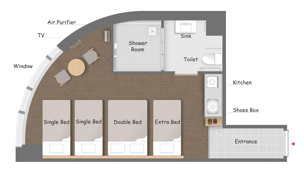 Private Room for 4-5 with Private Shower room, Non Smoking (1 Double + 3 Singles)
