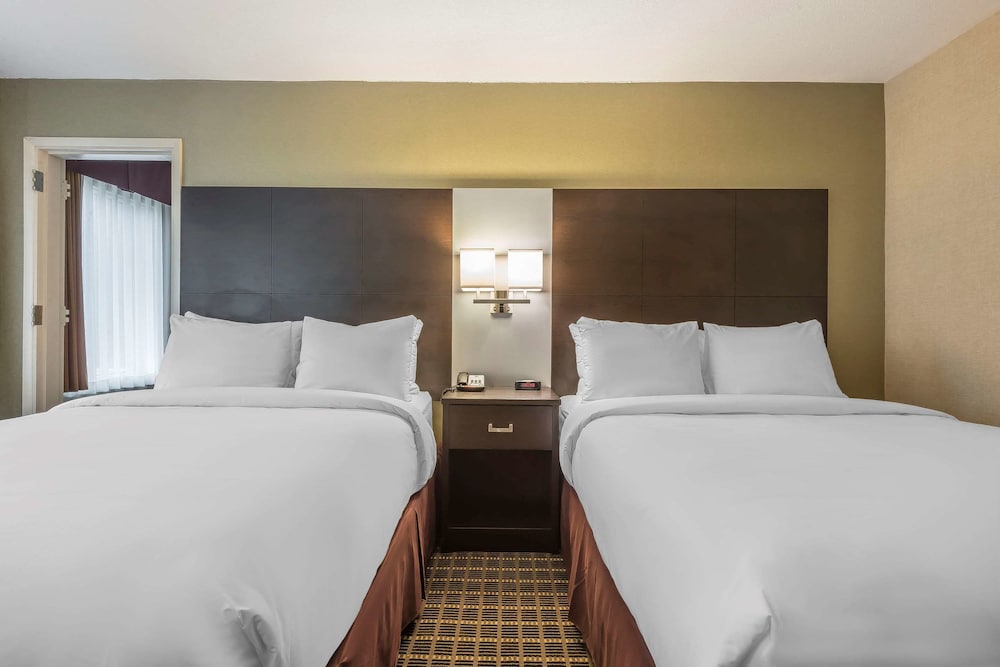 hotel room with two double beds and a flat screen tv