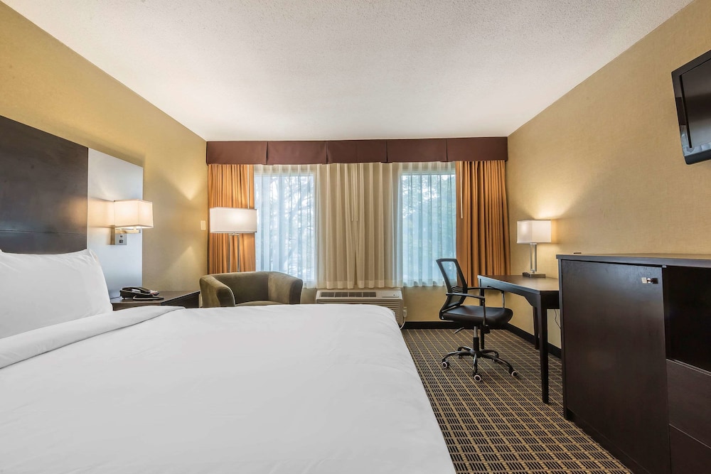 hotel room with a bed, desk, and television